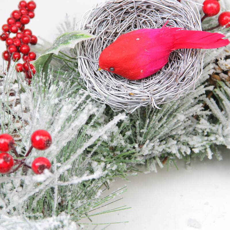 Berries Red Cardinals Nests Flocked Artificial Christmas Wreath 24"
