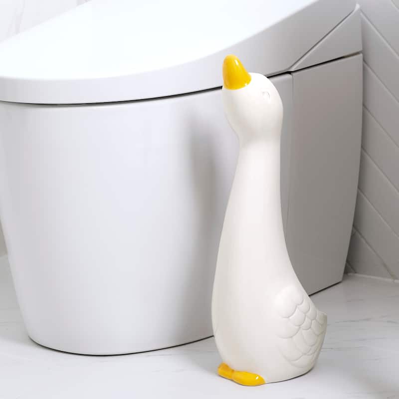 Ceramic Animal Toilet Brush Holder with Brush - Duck - White/Yellow