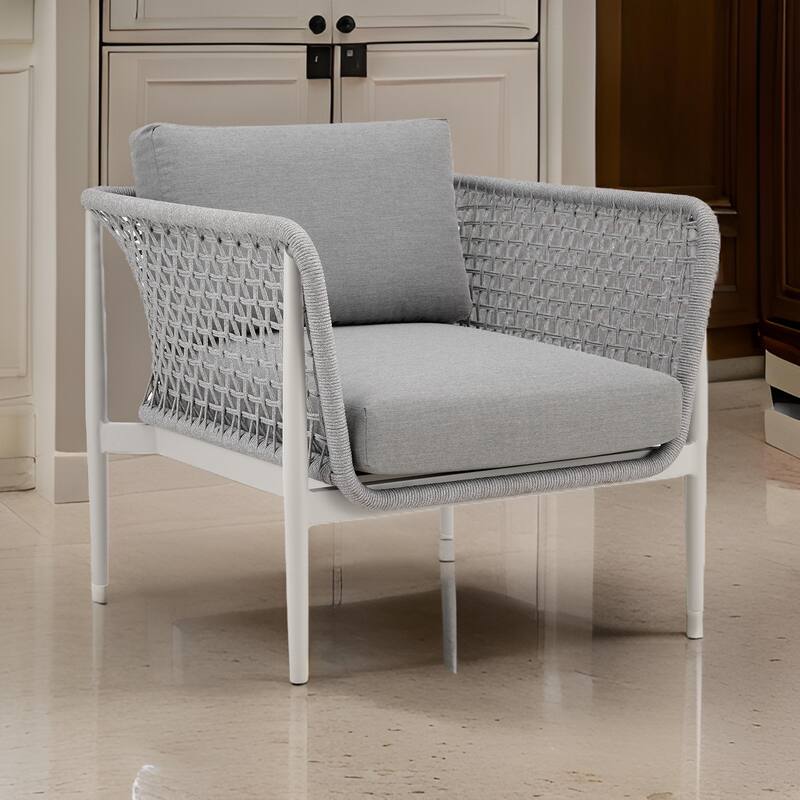 Rue 33 Inch Outdoor Patio Armchair, Mesh Woven Rope, Gray Aluminum Frame