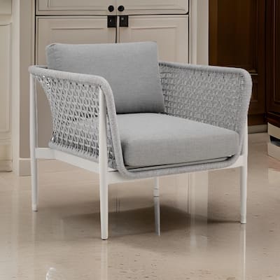 Rue 33 Inch Outdoor Patio Armchair, Mesh Woven Rope, Gray Aluminum Frame