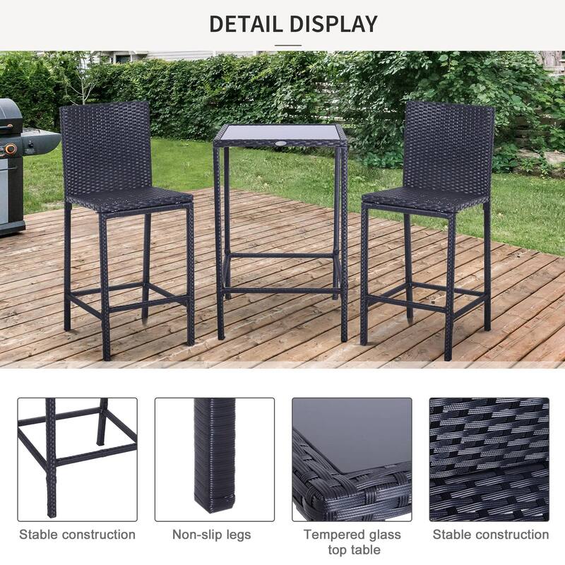 3pcs Rattan Bar Set with Glass Top Table, 2 Bar Stools for Outdoor