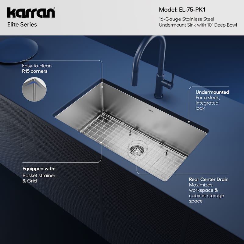 Karran 30" Undermount Large Single Bowl Stainless Steel Sink Kit