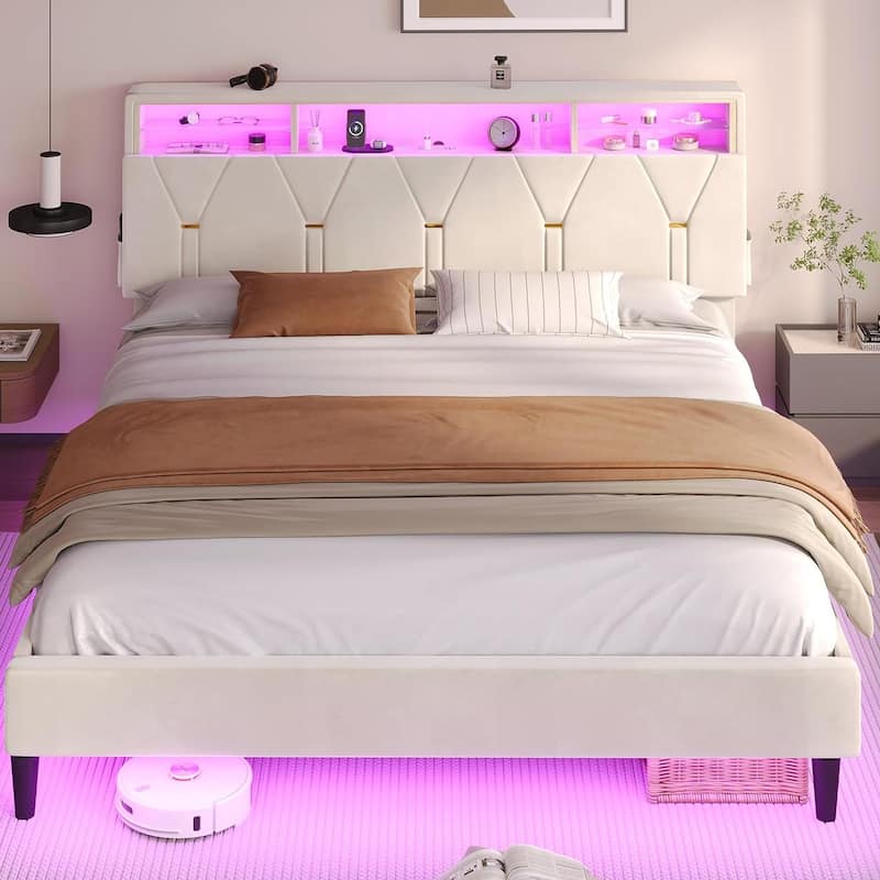 Bed Frame Storage Headboard RGB LED Lights Upholstered Platform - White - Full