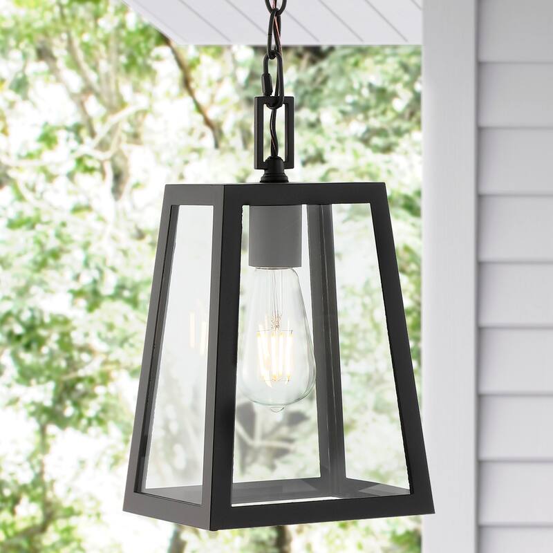 Boston 6.75" 1-Light Farmhouse Industrial Iron/Glass Outdoor LED Pendant, Black/Clear by JONATHAN Y