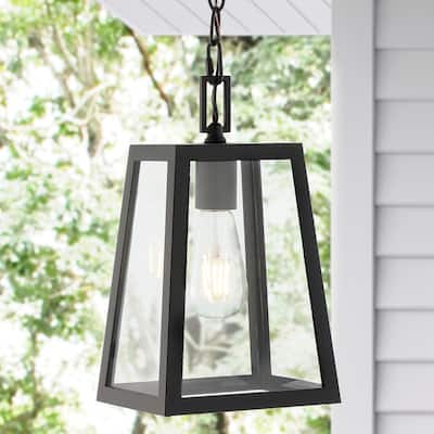 Boston 6.75" 1-Light Farmhouse Industrial Iron/Glass Outdoor LED Pendant, Black/Clear by JONATHAN Y