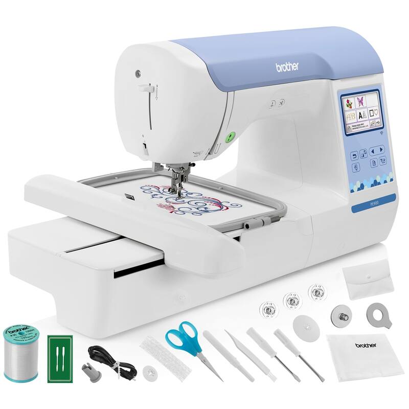 Brother PE900 5" x 7" Embroidery Machine w/ Full Color LCD Screen + Wireless + Jump Stitch Cutting + 193 Built-In Designs - LCD Screen/USB Port/Automatic Needle Threader - White - Computerized