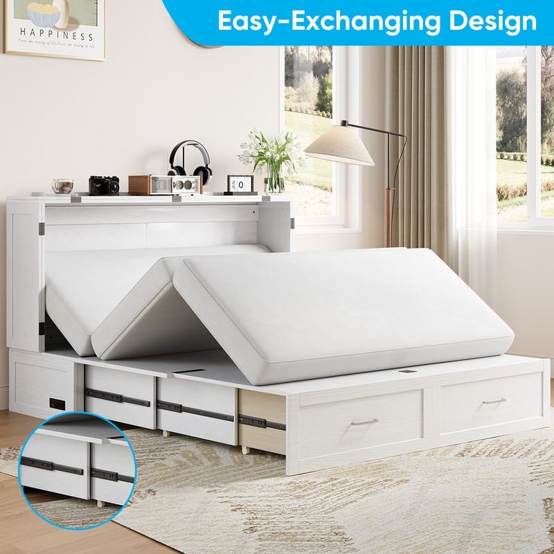Mixoy Queen Modern Murphy Bed Chest with Mattress,Storage Drawer,Charging Station