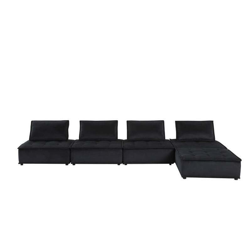 Alaya 5pc Modular Sectional Sofa with 2 Ottomans, Black Velvet Upholstery