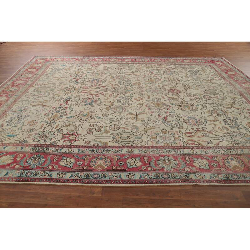 All-Over Distressed Tabriz Vintage Persian Rug Handmade Wool Carpet - 9'5" x 12'5"