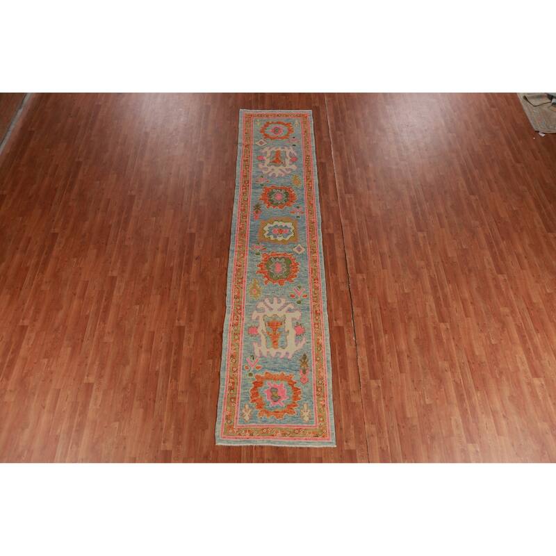 Hand Knotted Oriental 100% Wool Carpet Transitional Floral Navy Blue & Blues Oushak Runner Rug - 12' 8'' X 2' 11''