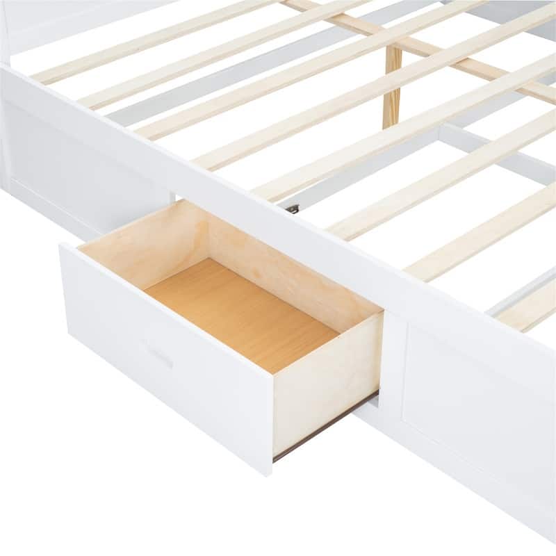 Solid Wood Bed Frame with Storage Bookcase Headboard and 2 Drawers, King Size Platform Bed with USB Port and Storage Shelves