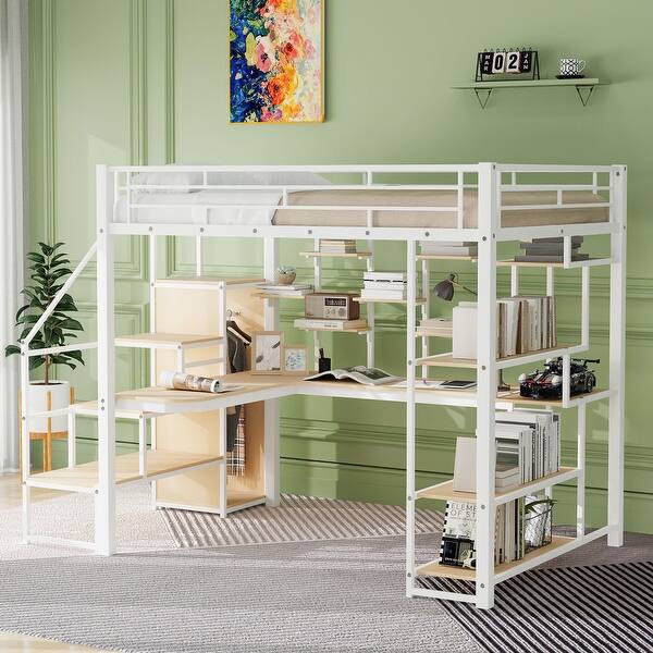 slide 2 of 36, Full Size Metal Loft Bed with Built-In Desk, Storage Staircase, Small Wardrobe & 3-Tier Shelves White