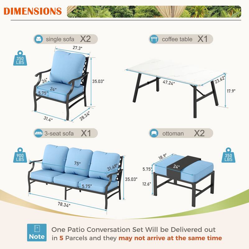 MAISON ARTS 6/7-Piece Patio Conversation Sets, Sofa Set with 2/4 x Single Chairs, 1 x 3-seater Sofa and Coffee Table/Ottomans