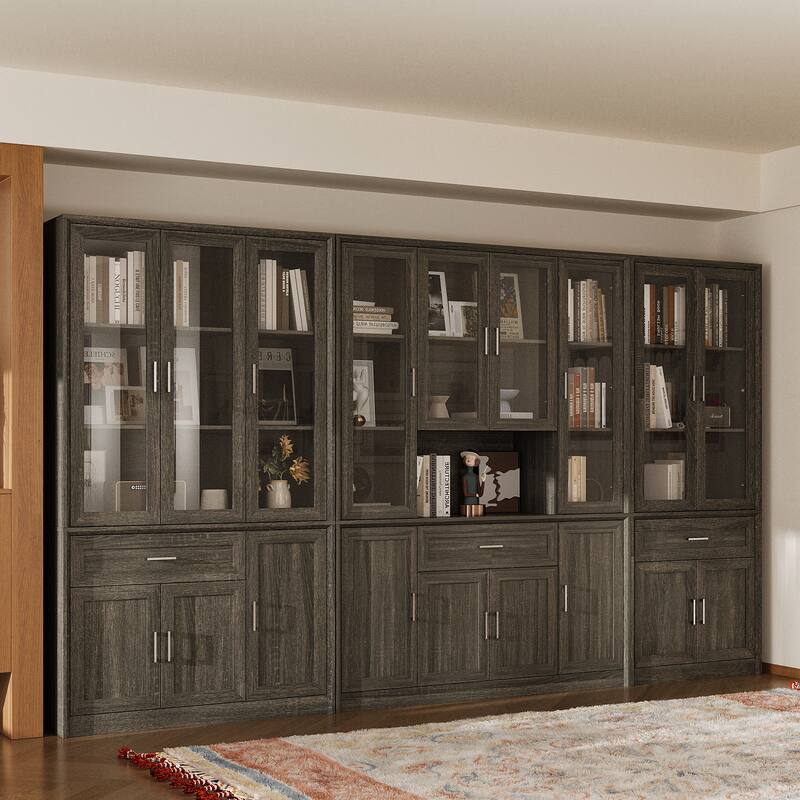 Modular Glass Door Bookcase Wall Unit with Storage Cabinets and Drawers, Dark Oak Display Hutch for Living Room or Home Office
