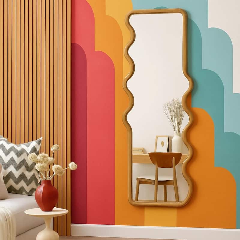 Funky Flow Waveform Mirror 24"x67" Solid Wood Full-Length Wall Decor - Brown