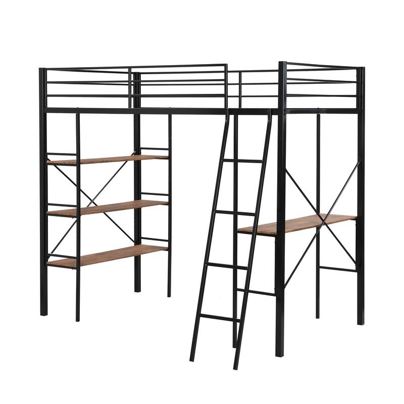 Roomfitters Twin Metal Loft Bed with Integrated Desk, Wall Shelf and Elevated Frame Design, Black