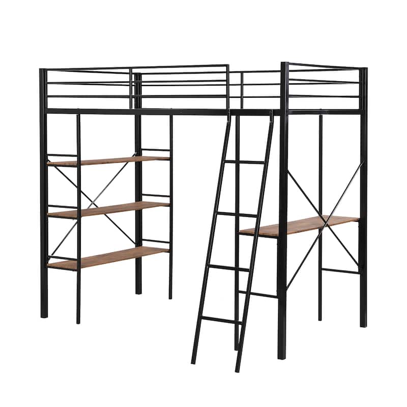 Twin Size Metal Loft Bed with Shelves and Desk for Kids