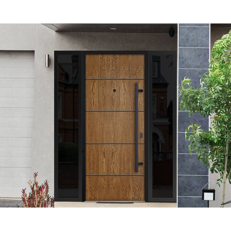 Exterior Prehung Steel Entry Door 0131 Black Enamel 2 Sidelites Top Window Stainless Steel Inserts W16+36+16xH80+16