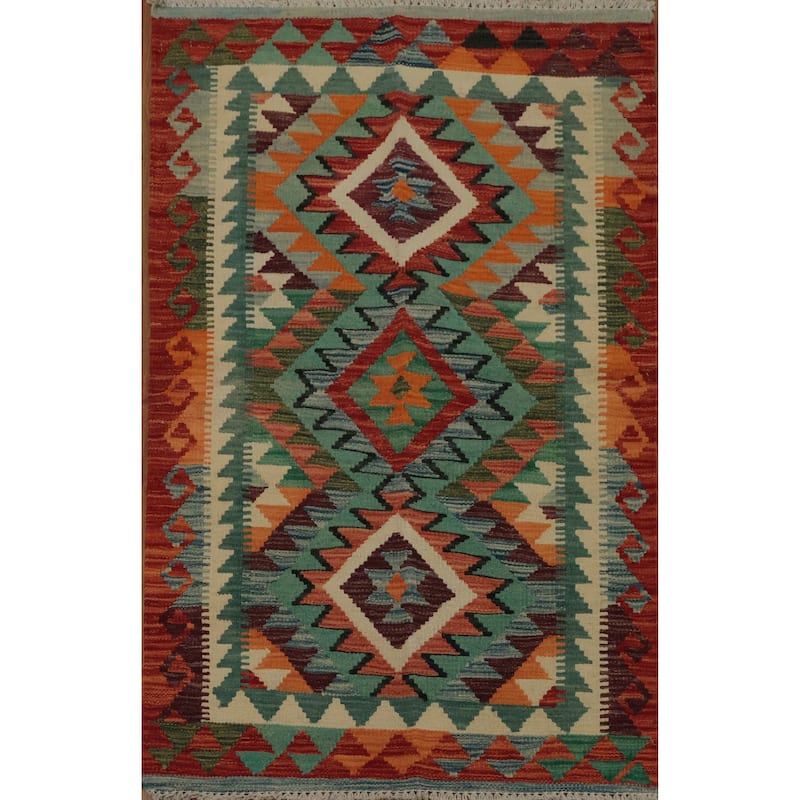 Hand Woven Oriental 100% Wool Carpet Southwestern Geometric Multi-Colored Kilim Area Rug - 4' 3'' X 2' 9''