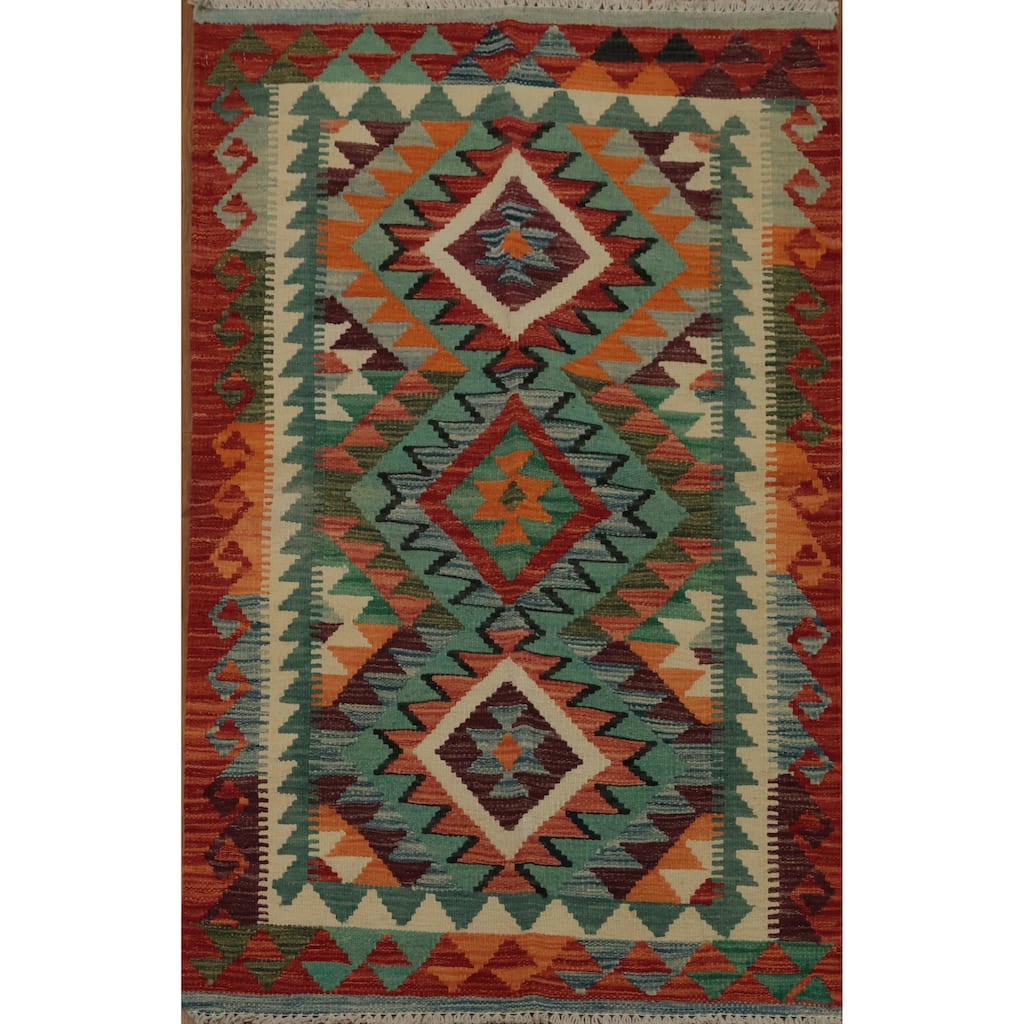 Hand Woven Oriental 100% Wool Carpet Southwestern Geometric Multi-Colored Kilim Area Rug - 4' 3'' X 2' 9''