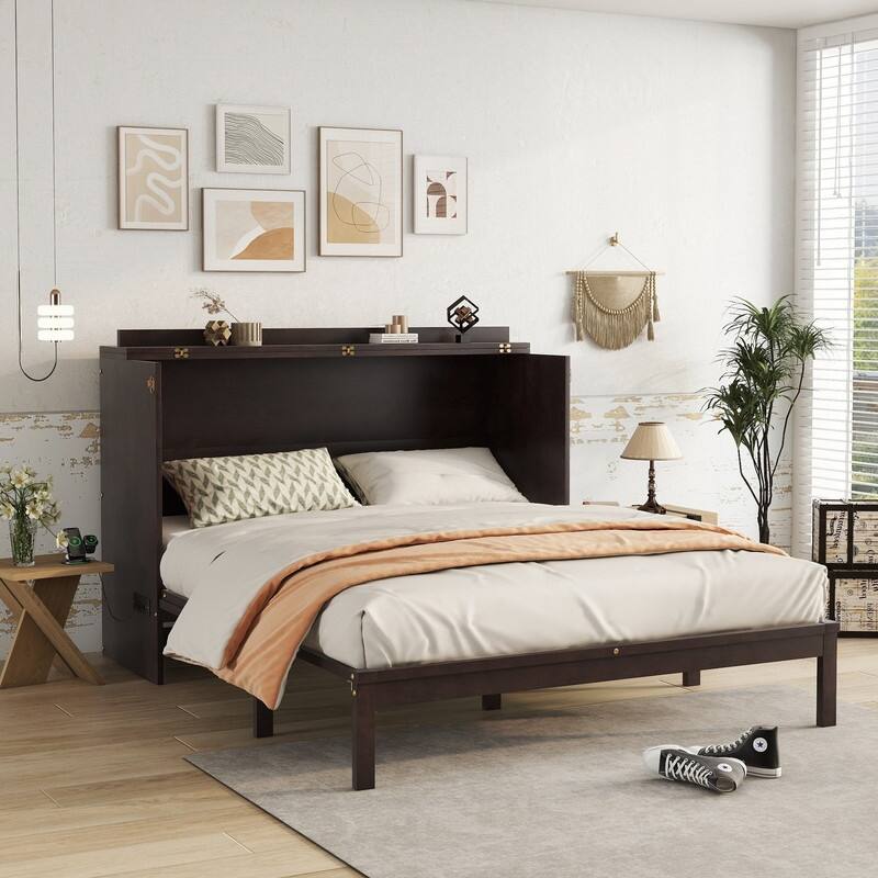 Murphy Bed Cabinet with Large Storage Drawer, Wood Hideaway Wall Bed Frame with USB Ports, Rattan Decoration Panel