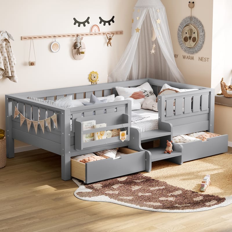 Full/Twin Loft Bed with Storage Drawers, Safety Staircase & Rails - Grey - Twin
