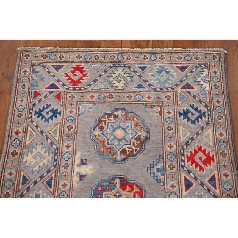 Geometric Kazak Oriental Accent Rug Hand-Knotted Grey Wool Carpet - 2'7"x 4'1"