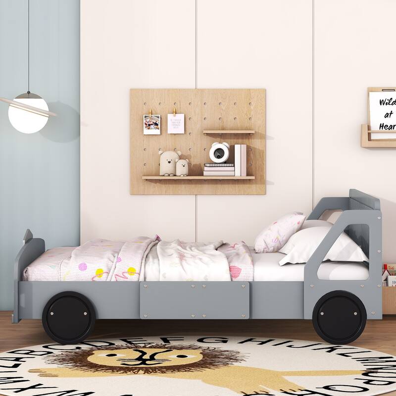 Full Size Car-Shaped Platform Bed with Wheels in Gray, Sturdy and Stylish Design