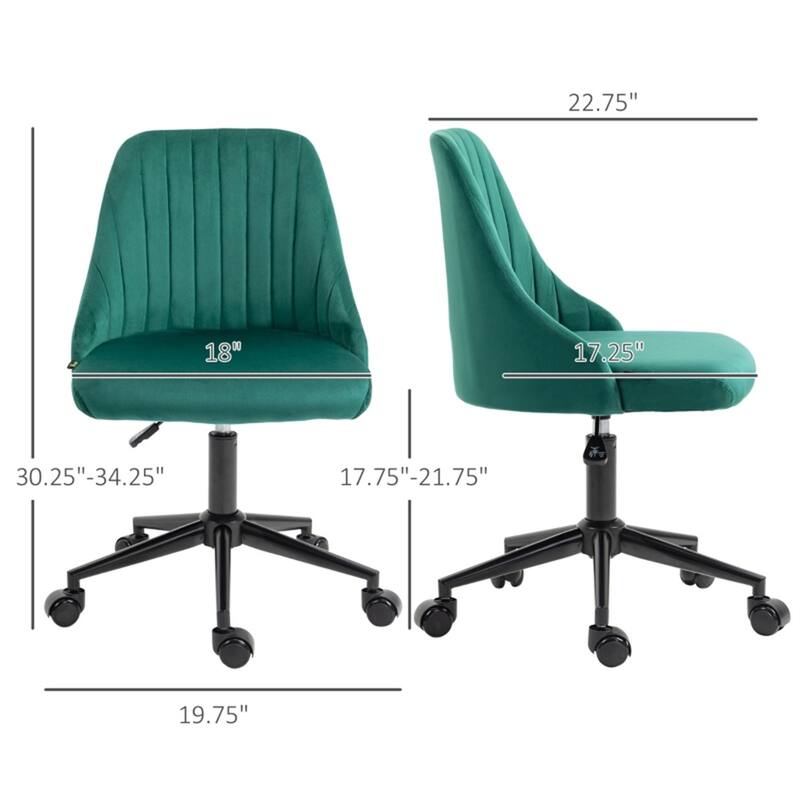 Velvet Scallop Chair with Swivel Wheels and Height Adjust, Curved Line Design - 19.75" W x 22.75" D x 30.25"-34.25" H