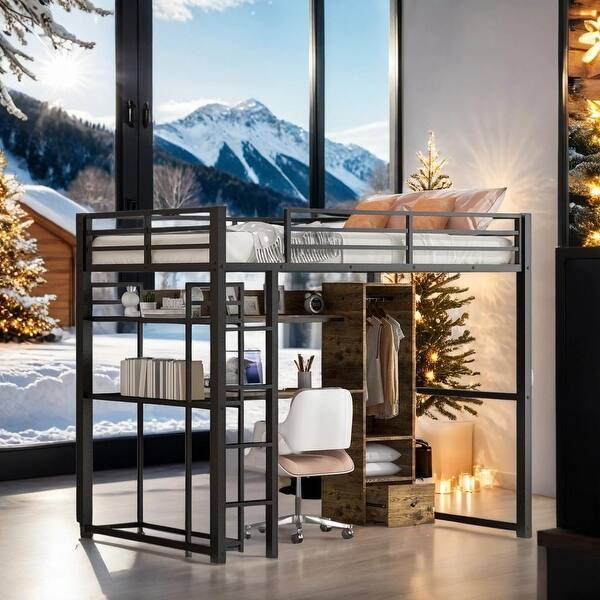 slide 2 of 9, Full Size Metal Loft Bed with Built-in Wardrobe, Desk & Shelves, Black Black