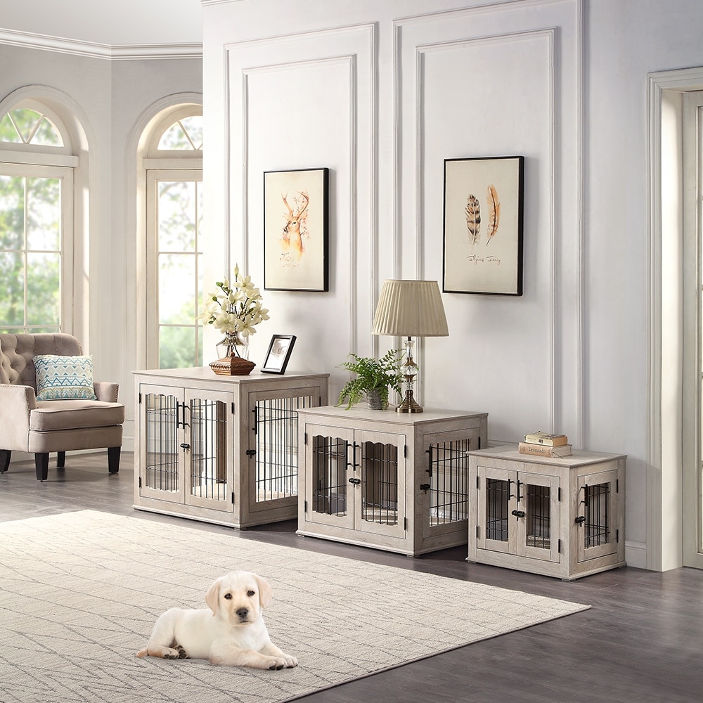 Furniture Style Dog Crate, Wooden Indoor Pet Kennel with Double Doors and Cushion, Dog Crate End Table