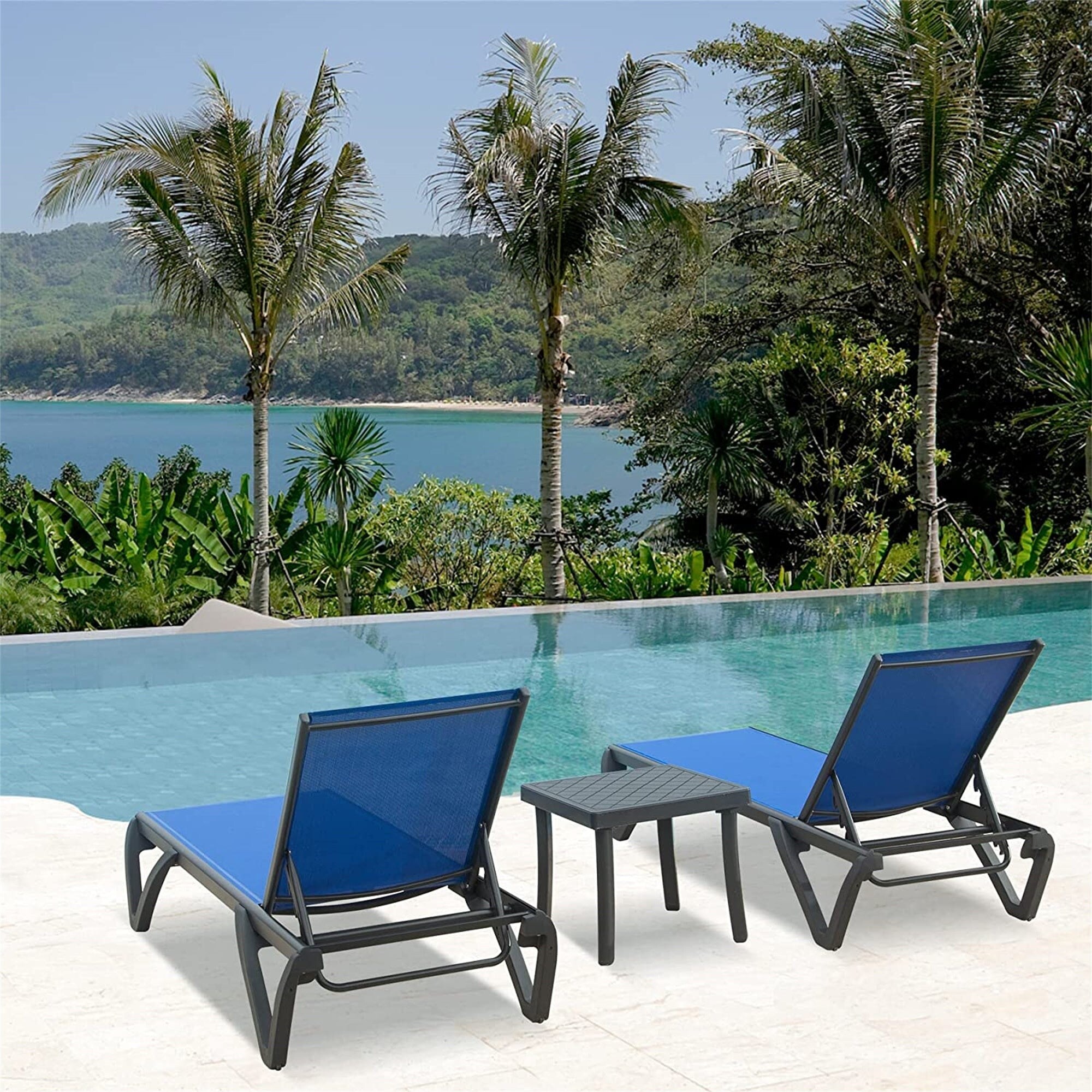 5 Adjustable Aluminum Polypropylene Outdoor 2 Chaise Lounge Chair and 1 Table in Blue Grey