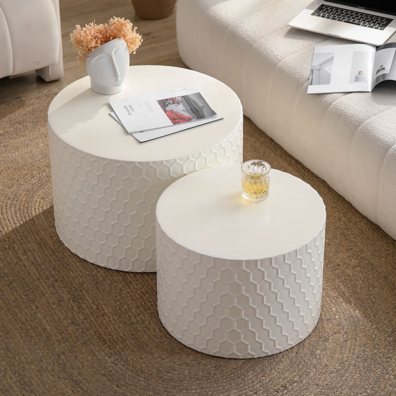Stylish Nesting Coffee Table Set Modern Round Coffee Table with Honeycomb Design, for Living Room, 2-Piece Set