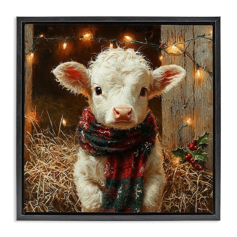 Stupell White Calf with Holiday Lights Framed Floater Canvas Wall Art Design By Riley B - 18 x 18 - Black