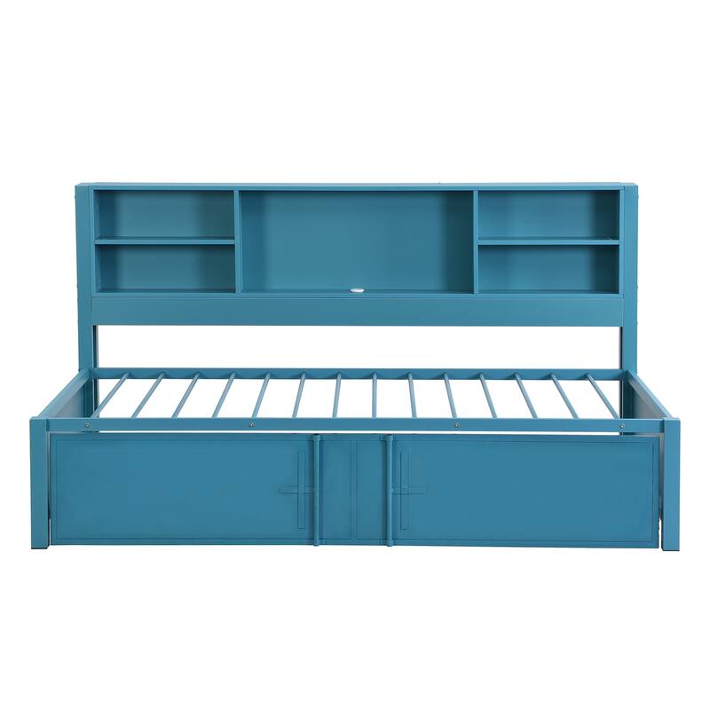 Blue Metal Twin Daybed with Trundle, Storage Shelving, and USB Ports - No Box Spring Necessary