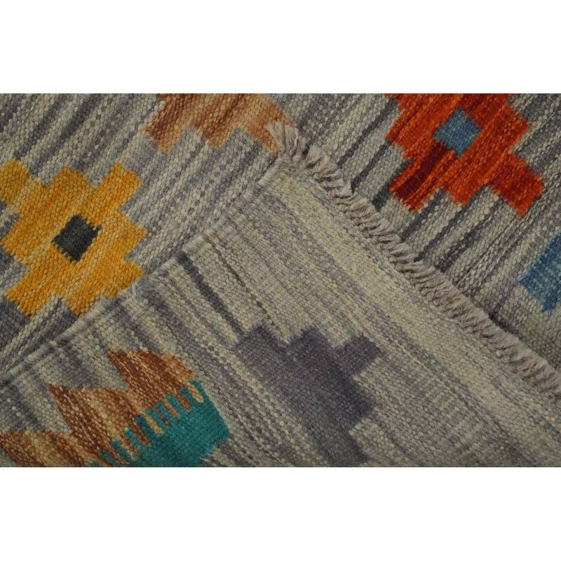 Hand Woven Oriental 100% Wool Carpet Southwestern Tribal Greys & Charcoal Kilim Area Rug - 6' 4'' X 2' 7''