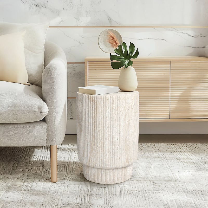 Column Travertine Stone Finish Italian Design MgO Side Accent Table - 13.3"x13.3"x18.7"