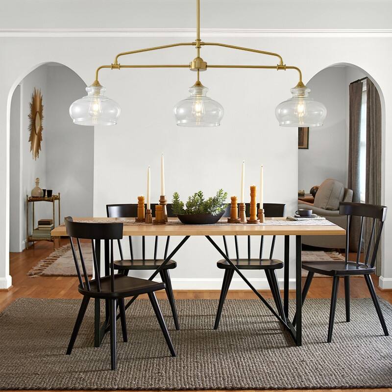 3-Light Brass Farmhouse Chandelier with Clear Glass Shade, Dimmable Hanging Light for Dining Room