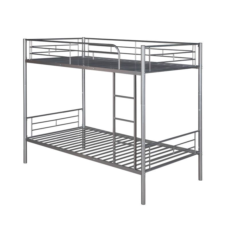 Silver Twin Over Twin Metal Bunk Bed with Safety Guardrails & Space-Saving Design