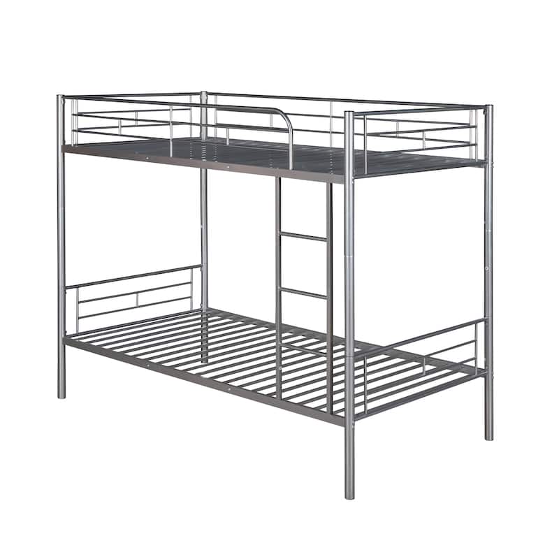Silver Twin over Twin Size Metal Bunk Bed with Fence and Ladder for Kids, Bedroom