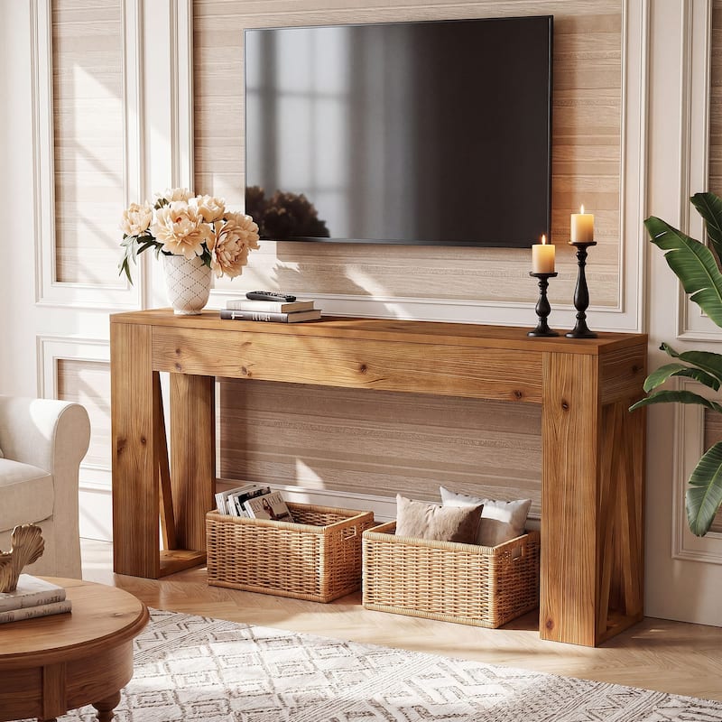 63" Solid Wood Console Table, Long Entryway Table for Living Room - Brown