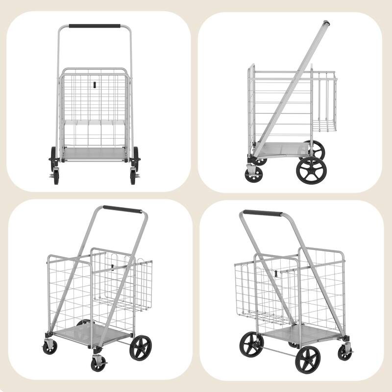 Foldable Grocery Shopping Cart w/ Brake & Double Basket and 360 Rolling Swivel Wheels