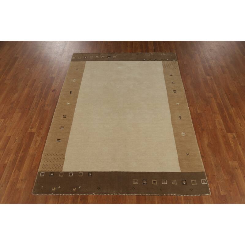 Beige Tribal Gabbeh Indian Rug Hand-Knotted Wool Carpet - 5'2" x 7'6"