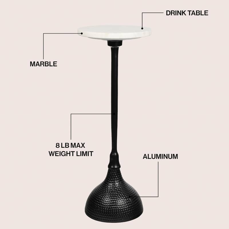 23.75″ Metal Pedestal Drink, End Table w/ White Marble Round Top & Hammered Base, By JONATHAN Y