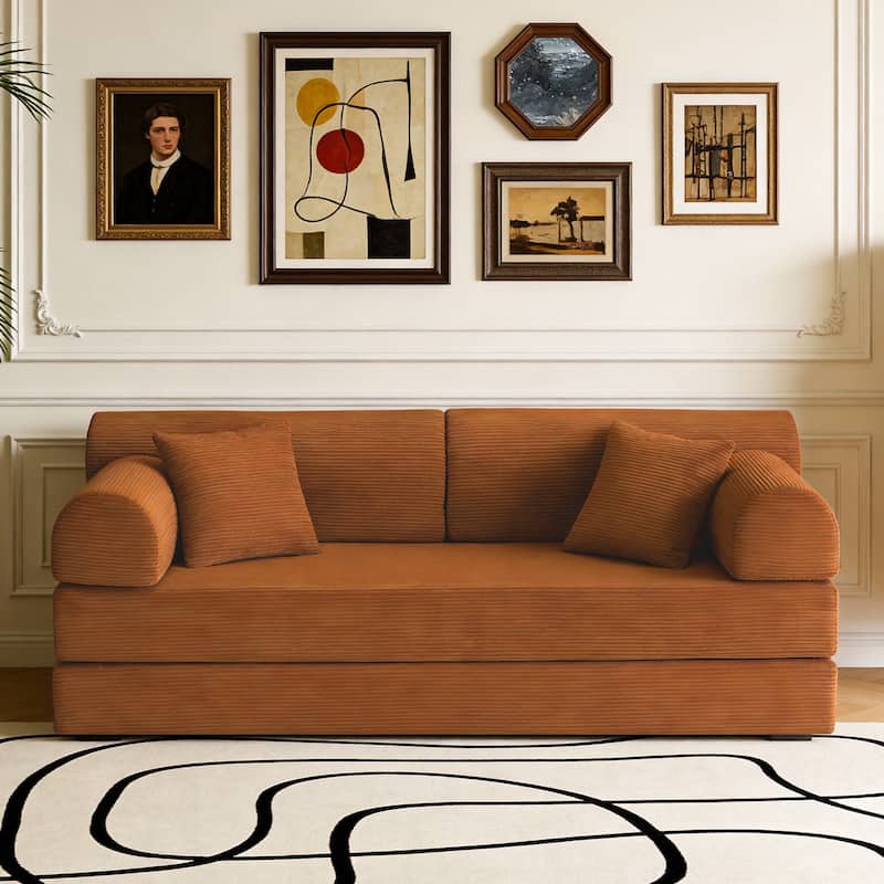Convertible Sleeper Sofa Bed with Cylindrical Pillow, Corduroy Folding Mattress Couch with Fixed-Shape Frame for Bedroom