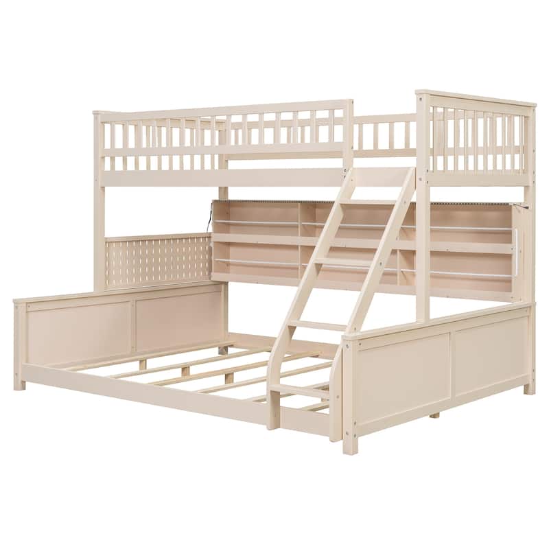 Full XL over Queen/Full over Full Bunk Bed with Integrated Shelving, Color-Changing Lights & Pegboard