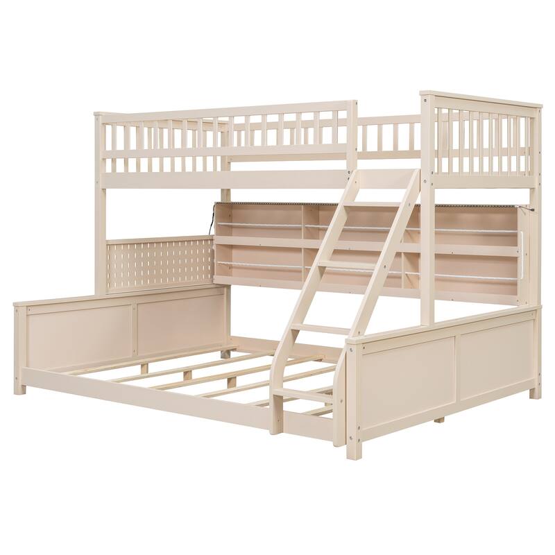 Roomfitters Twin XL over Queen Bunk Bed with Storage Shelf, Pegboard and LED Lights