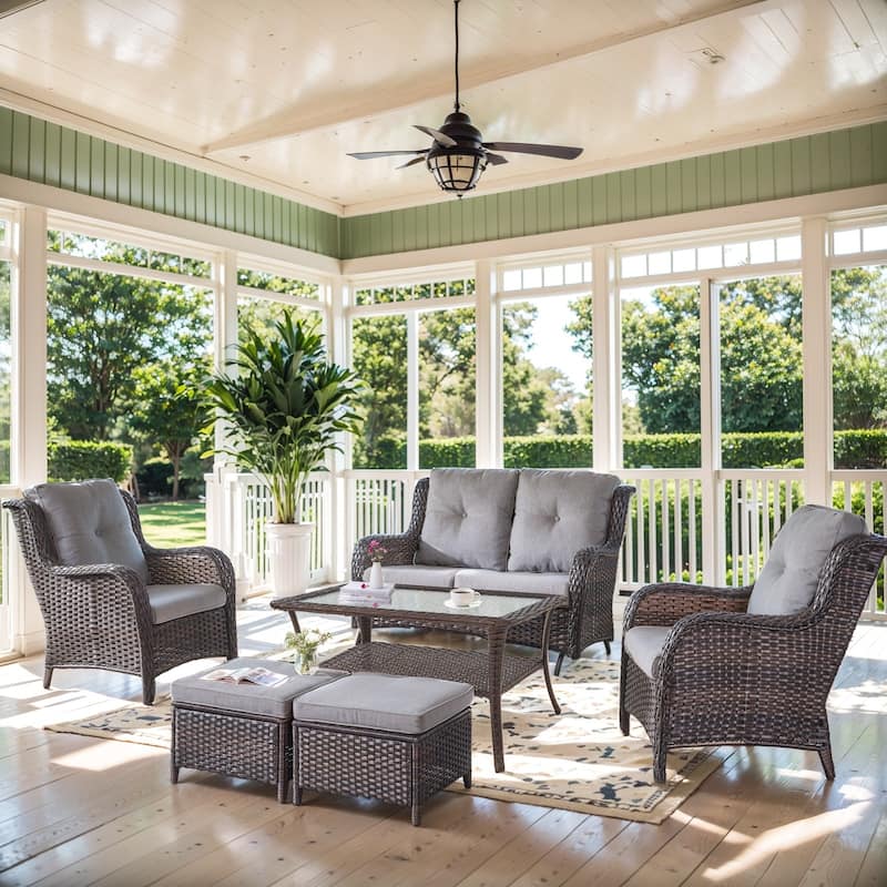 Outdoor Glider Sofa with Patio Chair and Ottoman - Grey cushion - Brown - Grey - Brown