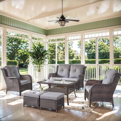 Outdoor Glider Sofa with Patio Chair and Ottoman - Grey cushion - Brown