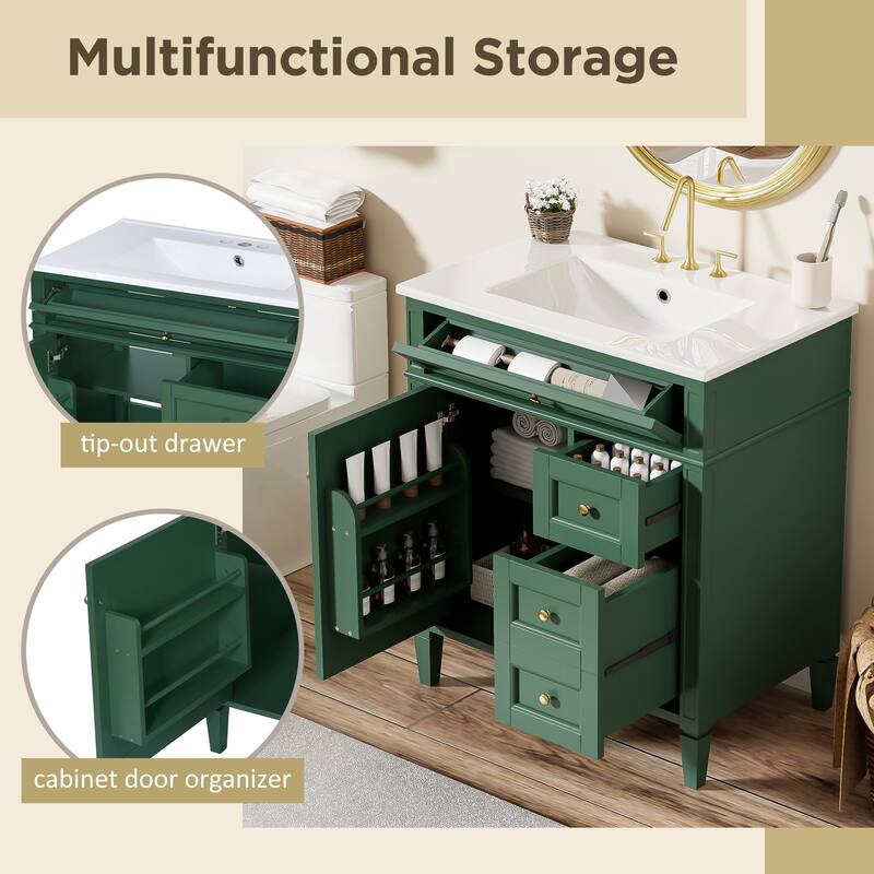 Single Sink Vanity for Bathroom Storage Cabinet with Tip-out Drawer, Small Drawer, Large Drawer, Door Rack and Adjustable Shelf